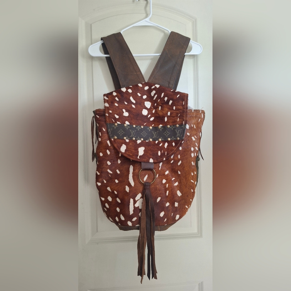 Axis Leather Cowhide Backpack Brown and White with Tassel LV Strip Across Gypsy